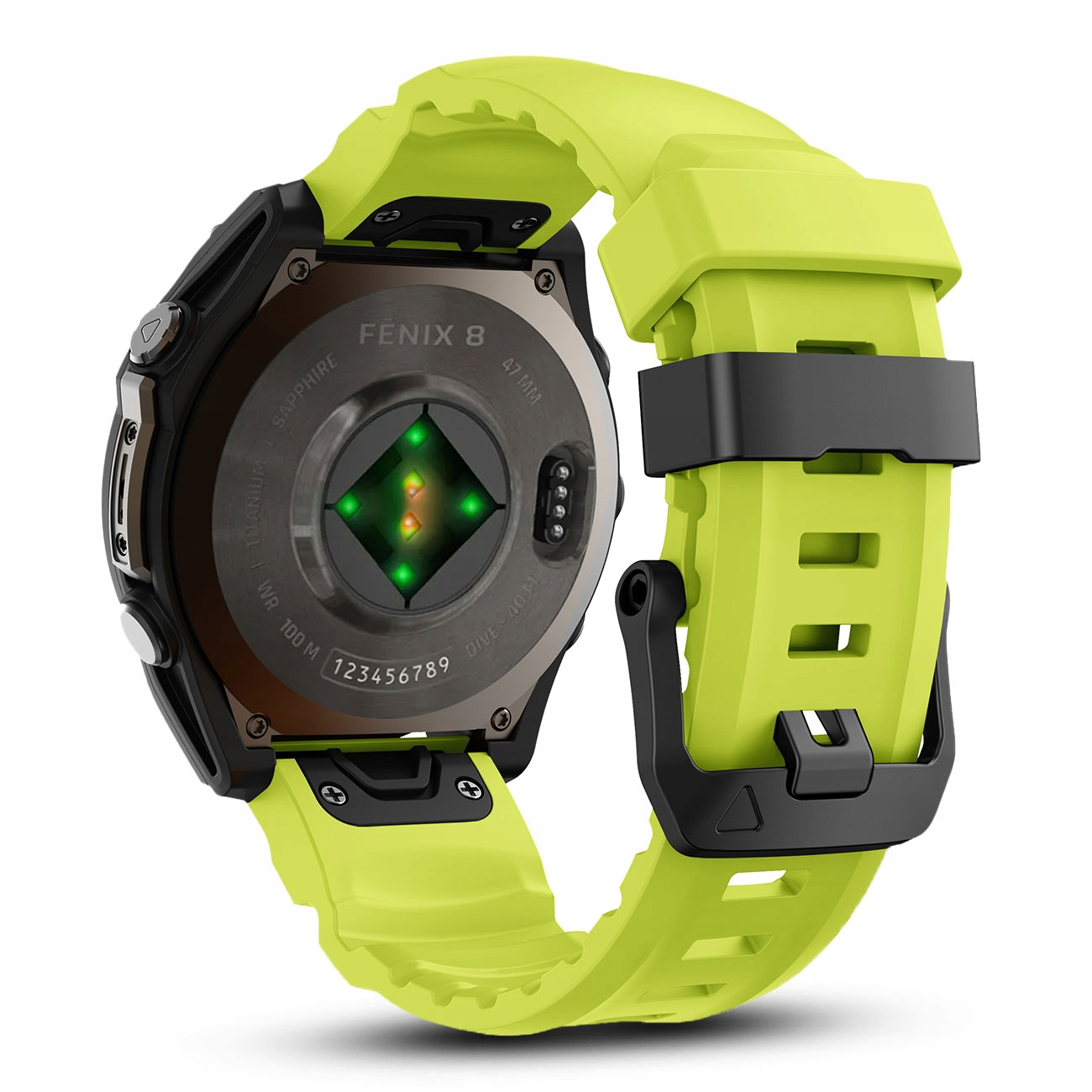 Żółty smartwatch z czarną klamrą i czujnikiem tętna z tyłu.
