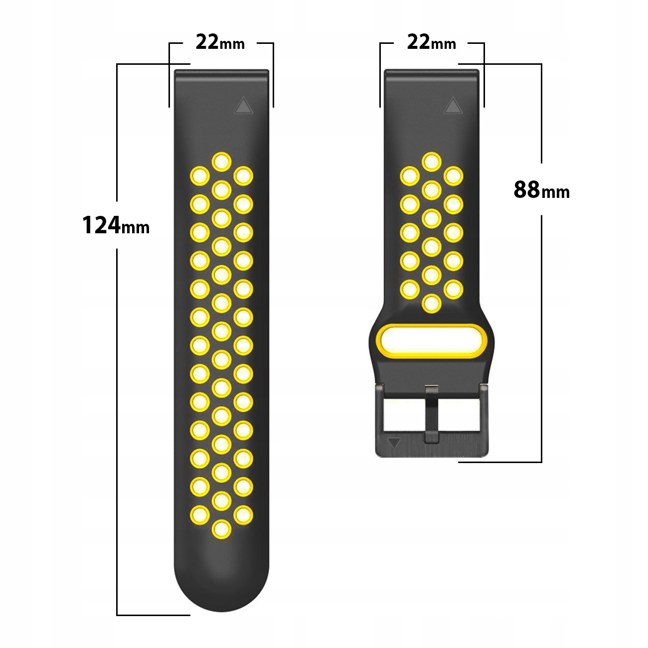 Czarno-żółta perforowana opaska na zegarek, szerokość 22mm, długość 124mm i 88mm.