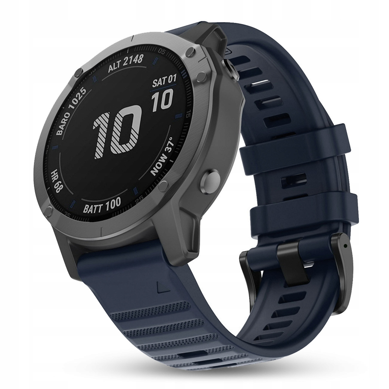 Ciemnoniebieski zegarek Garmin z szarą ramką wyświetla czas, datę, wysokość, tętno i baterię.