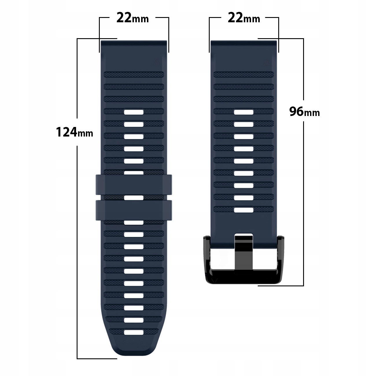 Dwa ciemnoniebieskie paski do zegarka o wymiarach 124x22mm i 96x22mm.