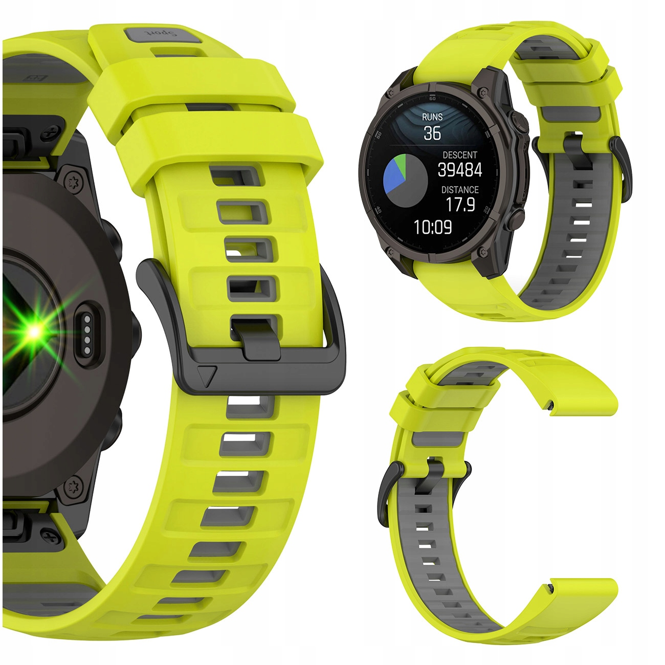Żółty pasek do zegarka z klamrą i wyświetlaczem smartwatch pokazującym dane.