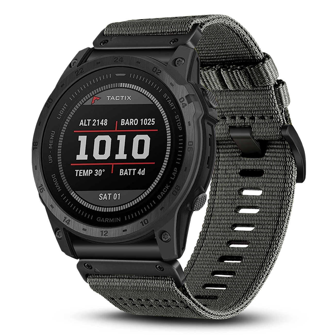Czarny zegarek Garmin tactix z materiałowym paskiem, pokazujący wysokość, ciśnienie barometryczne i stan baterii.