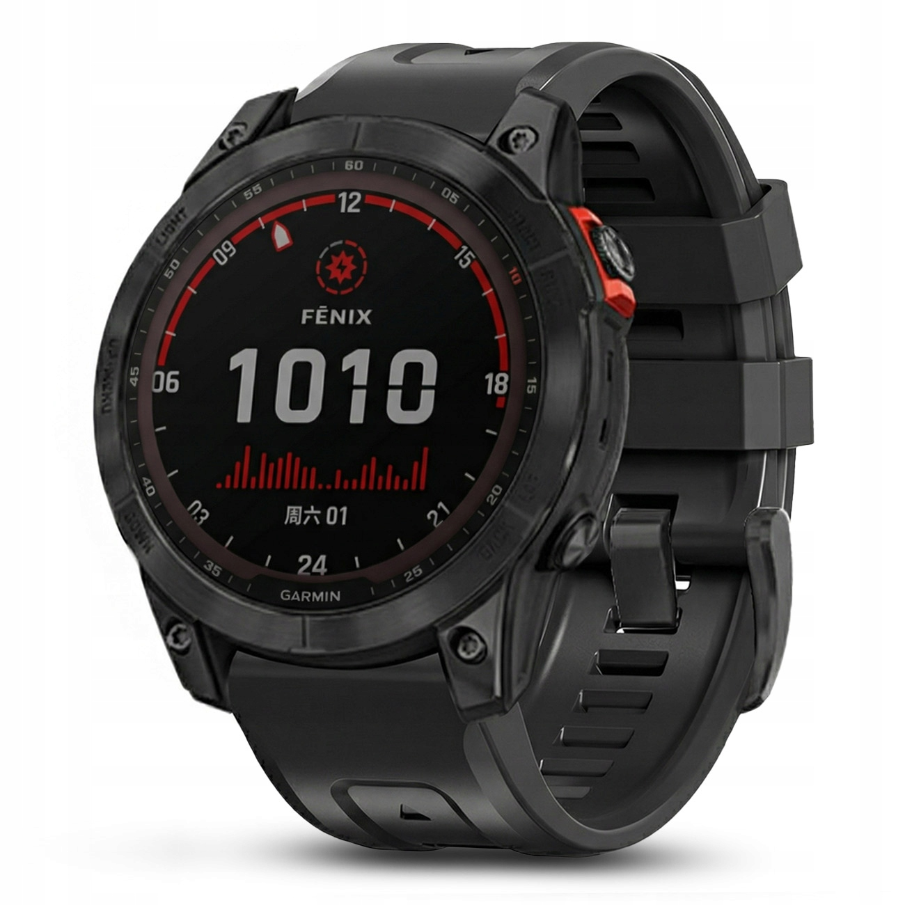 Czarny smartwatch Garmin Fenix z czerwono-czarnym wyświetlaczem cyfrowym pokazującym 1010.