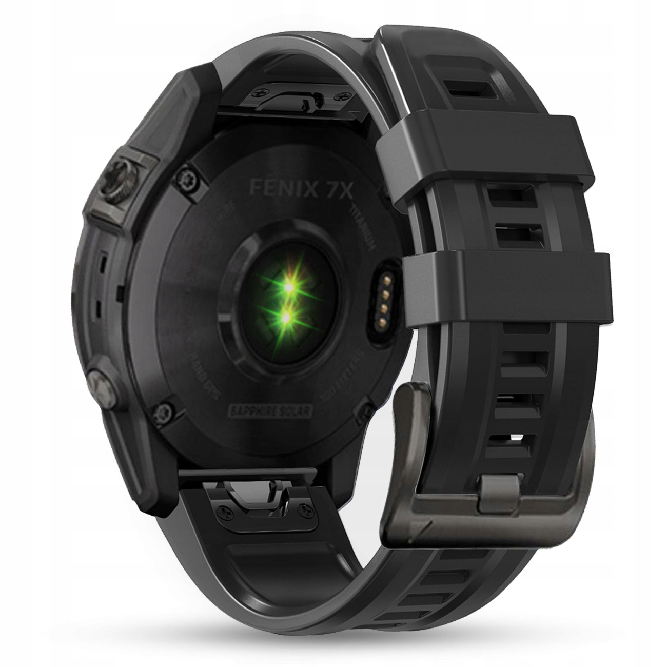 Czarny smartwatch z czujnikiem tętna i ładowaniem solarnym.