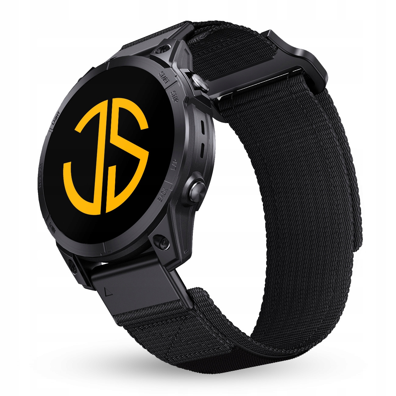 Czarny smartwatch z żółtym logo na ekranie i czarnym paskiem z tkaniny.