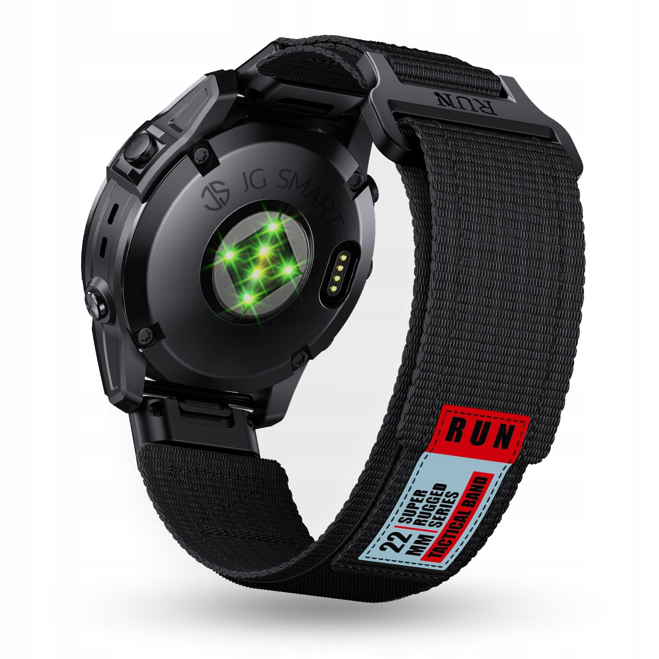 Czarny smartwatch z czujnikiem tętna i czarną opaską taktyczną.