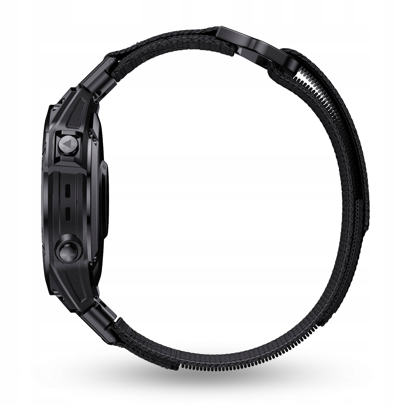 Czarny smartwatch z materiałowym paskiem, widok z boku.