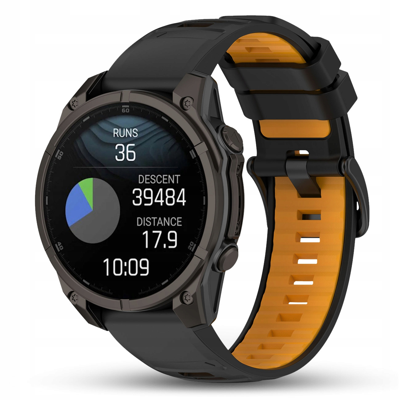 Czarny smartwatch z pomarańczowym paskiem pokazuje 36 biegów, 39484 zjazd, 17.9 dystansu.