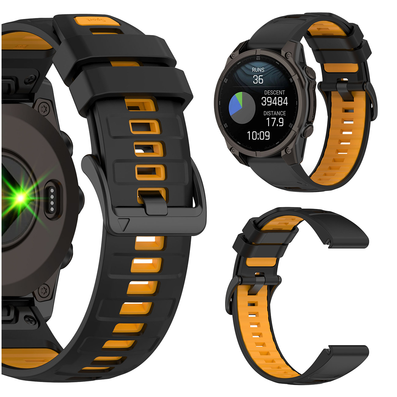 Czarno-pomarańczowa opaska smartwatch i smartwatch.