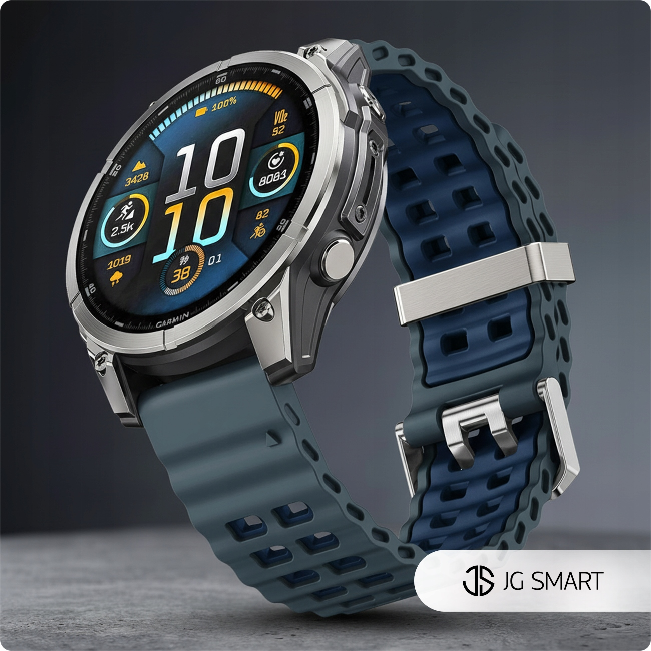 Nowoczesny smartwatch ze srebrną ramką i niebieskim wyświetlaczem cyfrowym, pokazujący statystyki.