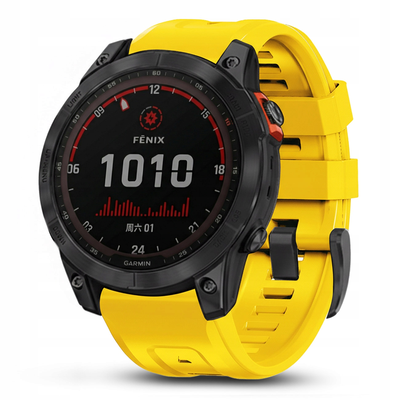 Żółty smartwatch Garmin Fenix z czarną ramką i jasnym ekranem wyświetlającym czas i statystyki.