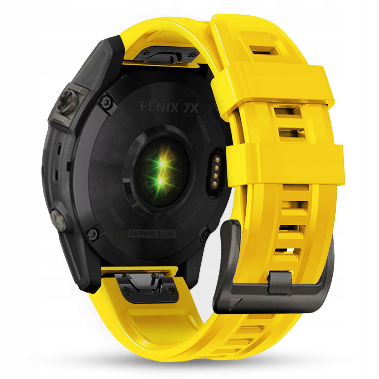 Czarny zegarek Garmin Fenix 7X z jaskrawożółtym paskiem i czarną klamrą.
