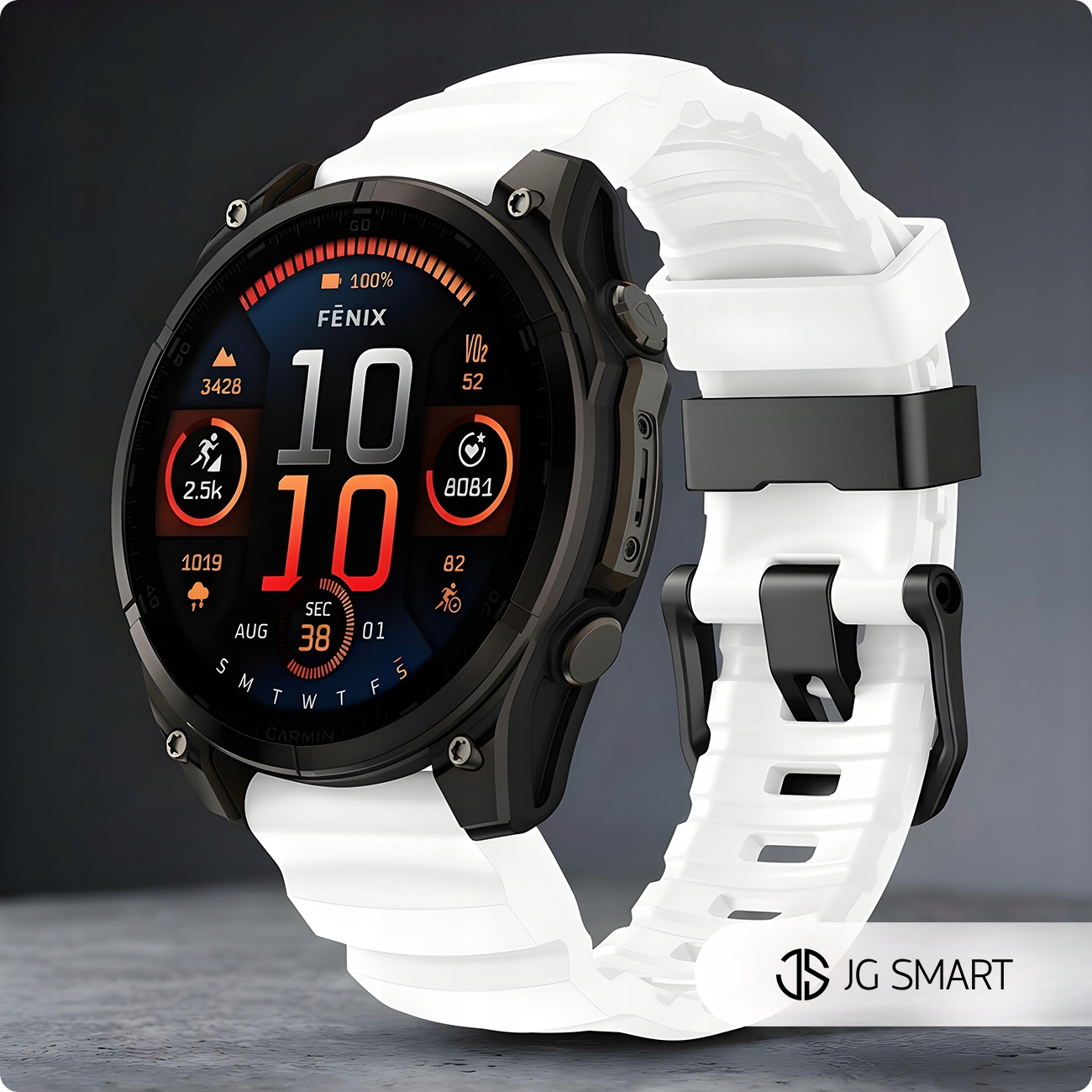 Biały smartwatch Garmin Fenix z czarną kopertą i szczegółowymi danymi fitness na ekranie.