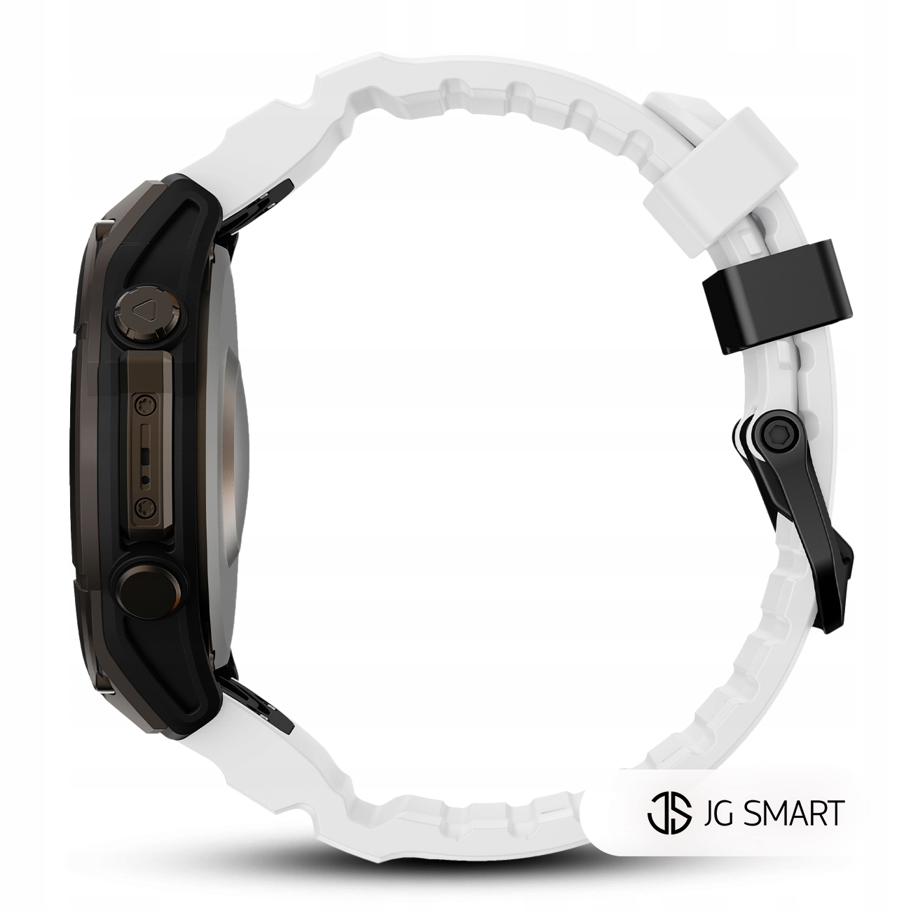 Nowoczesny biały smartwatch z czarną obudową i wyświetlaczem, pokazany z boku.