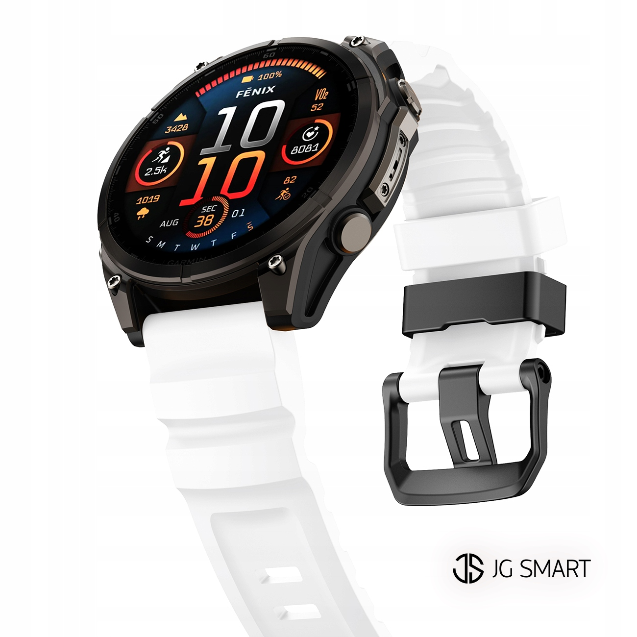 Smartwatch z białym paskiem i czarną klamrą, wyświetla statystyki.