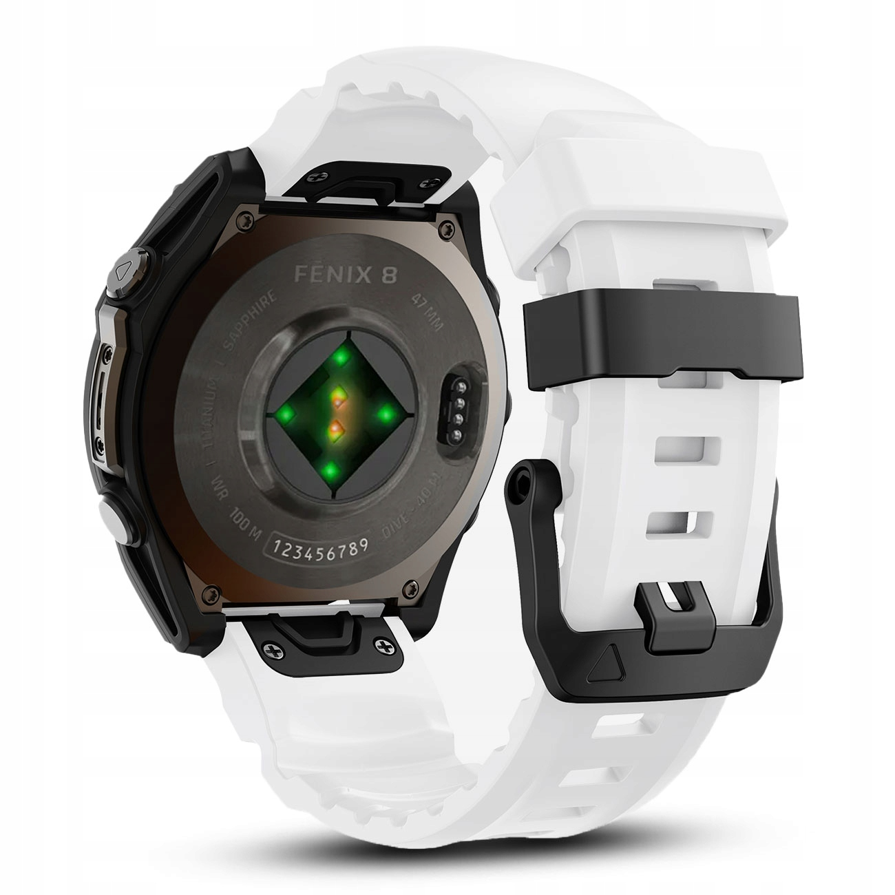 Biały smartwatch z czarną obudową i czujnikiem tętna z tyłu.