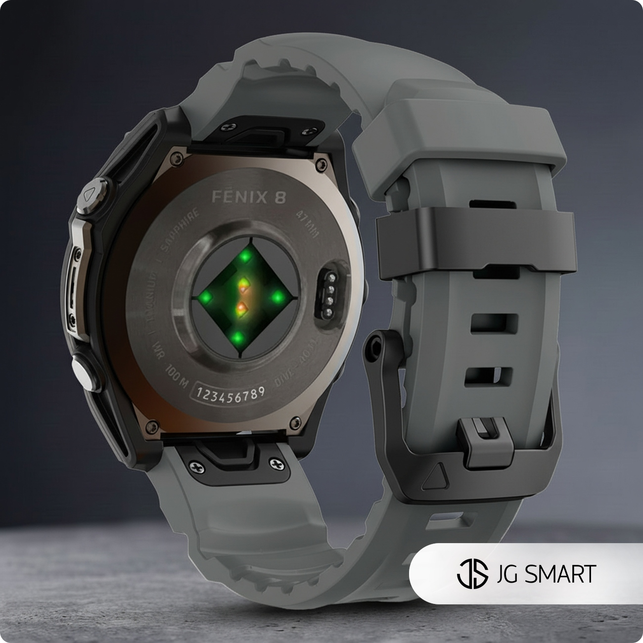 Tył szarego smartwatcha z czujnikiem tętna i logo JG SMART.
