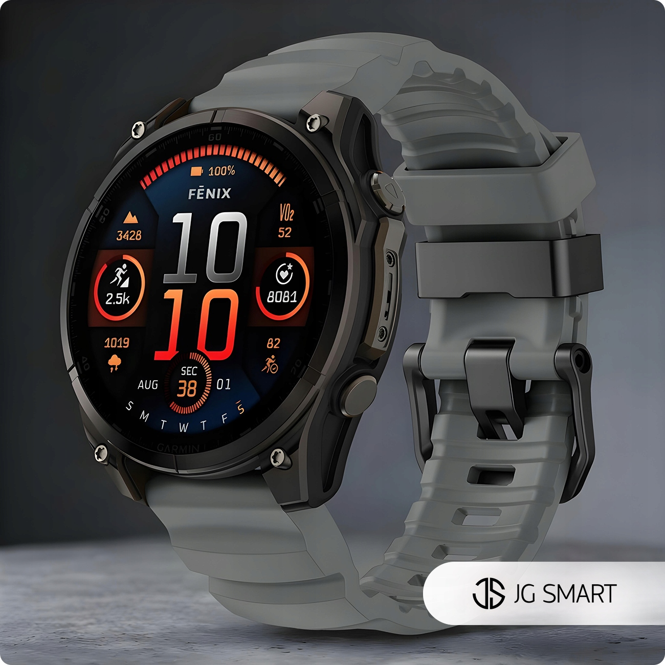 Szary smartwatch Garmin Fenix wyświetlający dane fitness.