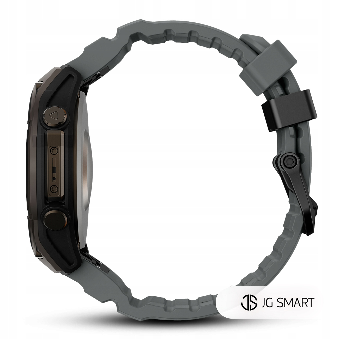 Szary smartwatch z czarną obudową i przyciskami, widok z boku.