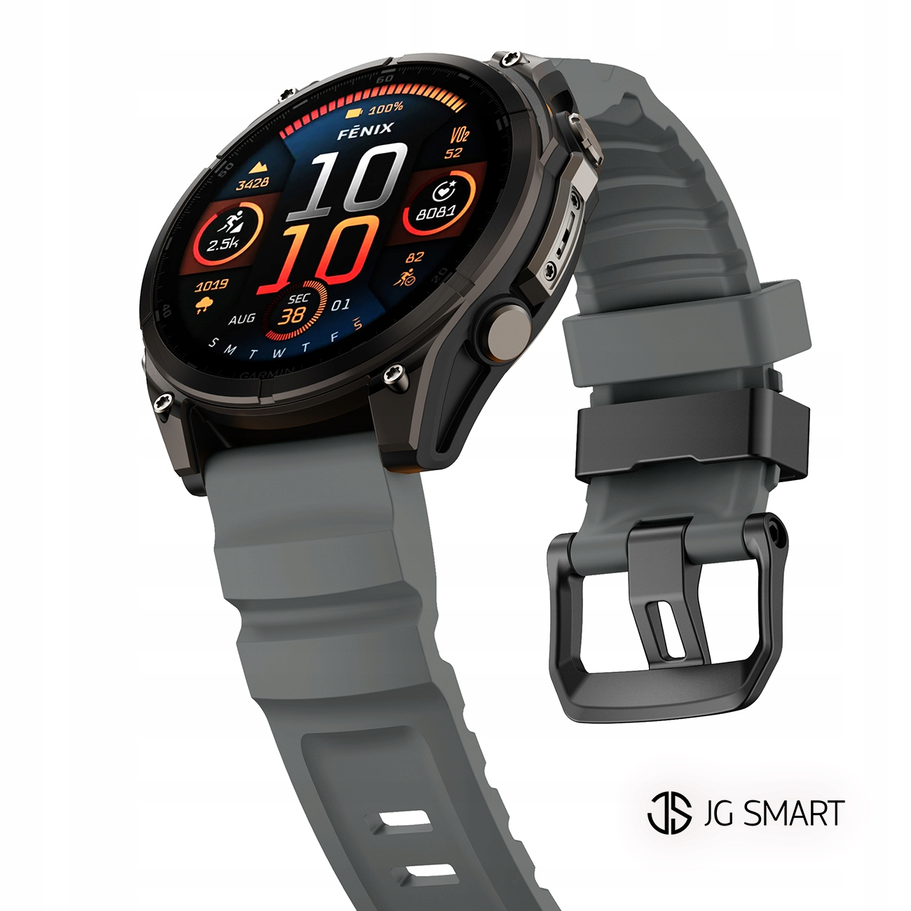 Pokazano szary smartwatch Garmin Fenix z ciemnoszarym paskiem i czarną klamrą.