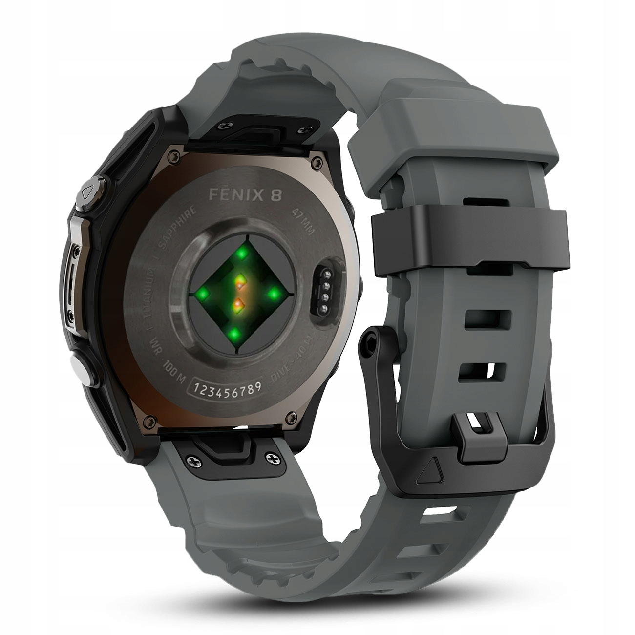 Widok z tyłu szarego smartwatcha Garmin Fenix 8 z czujnikiem tętna.