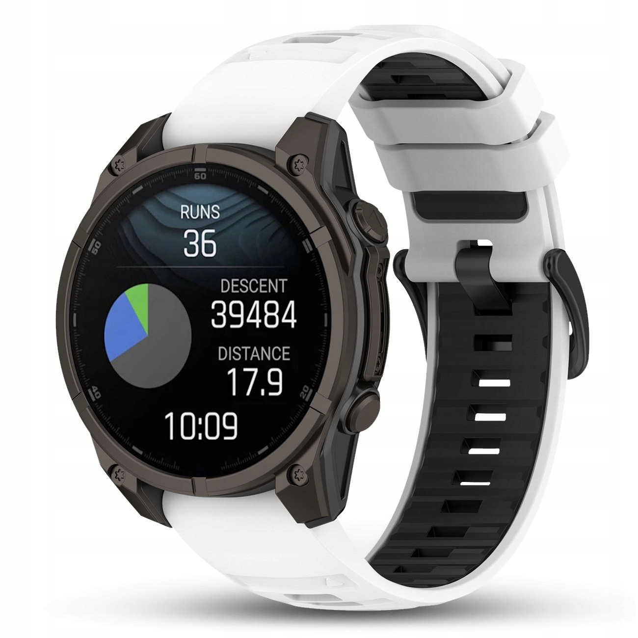 Biały i czarny smartwatch z ciemnoszarym deklem wyświetla biegi, zjazd, dystans i czas.