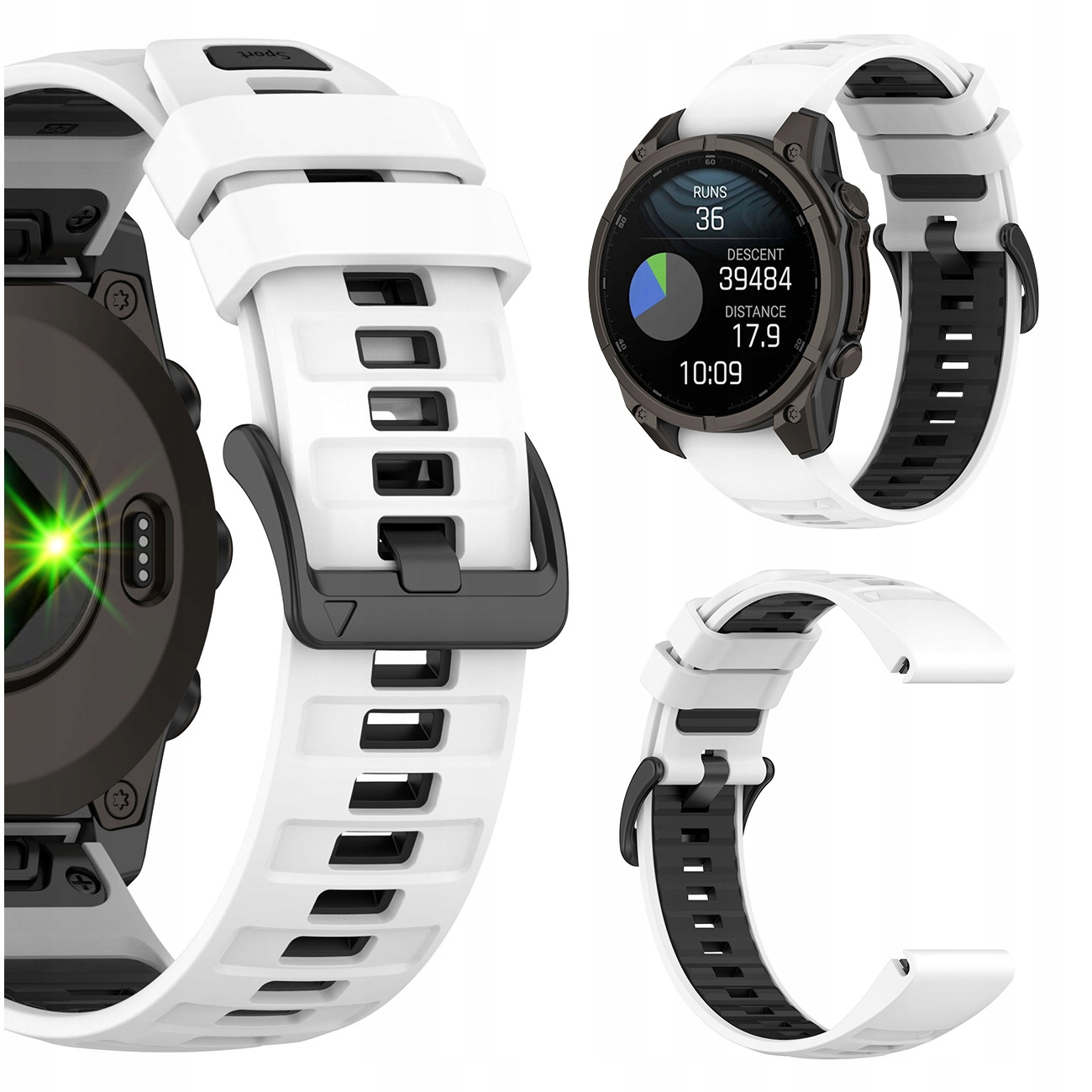 Biały i czarny smartwatch z częściami akcesoriów na białym tle.