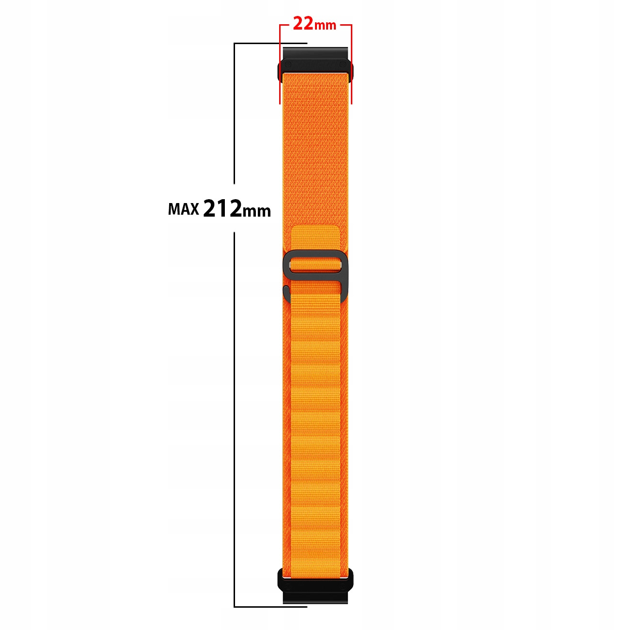 Pomarańczowa bransoleta zegarka z czarną klamrą, o wymiarach 22mm i 212mm.