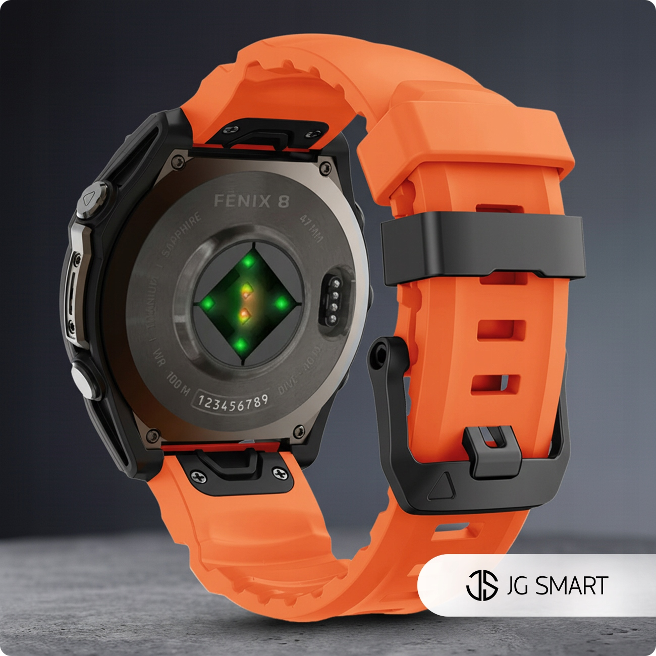 Pomarańczowy smartwatch z czarną obudową i czujnikiem tętna z tyłu.