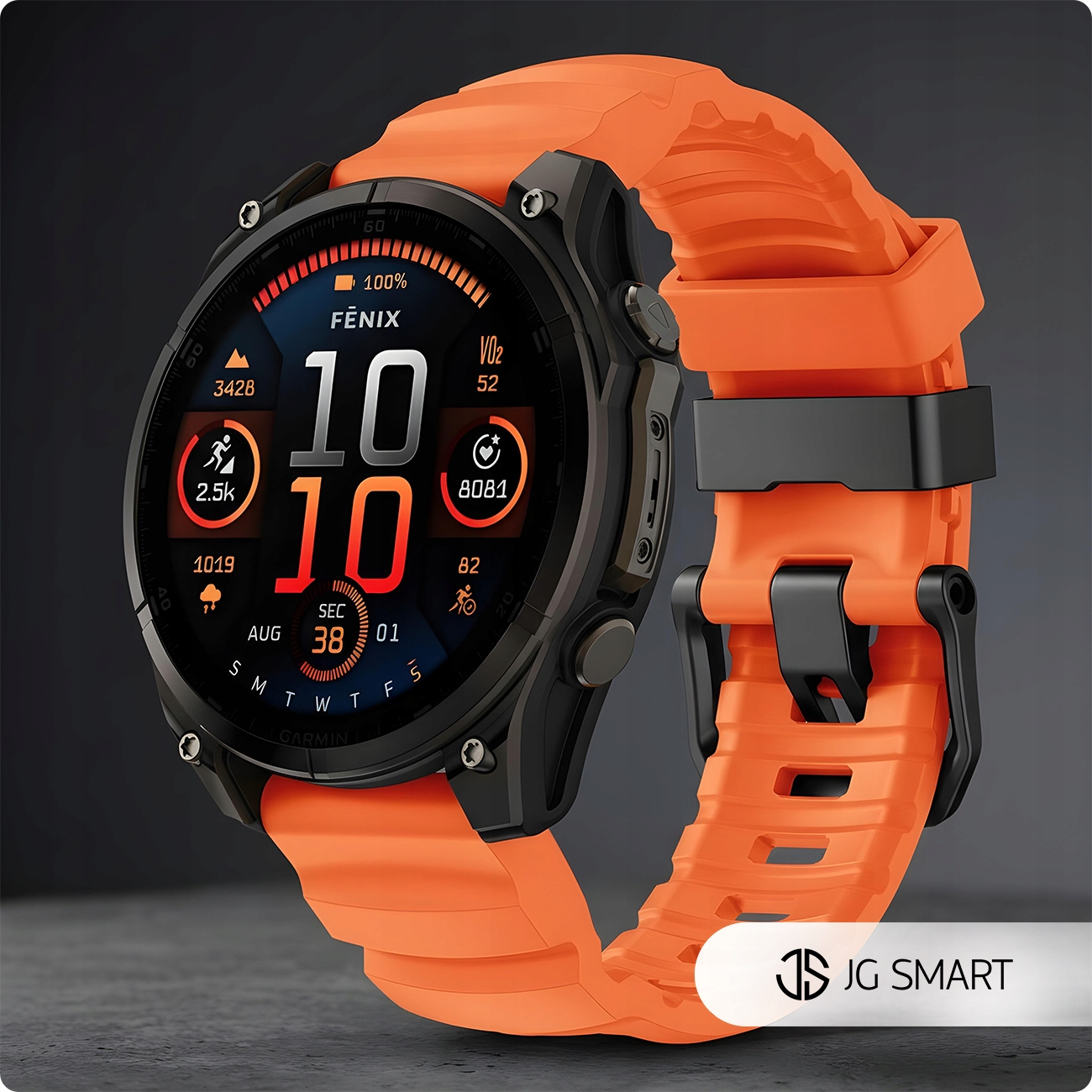 Czarny i pomarańczowy smartwatch Garmin Fenix ze szczegółowym wyświetlaczem cyfrowym.