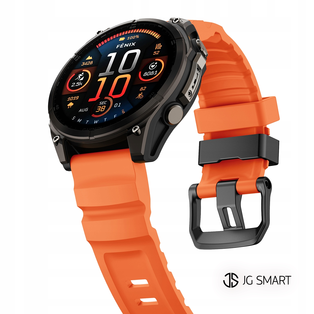 Pomarańczowy smartwatch z czarną obudową i cyfrowym wyświetlaczem pokazującym czas i dane fitness.