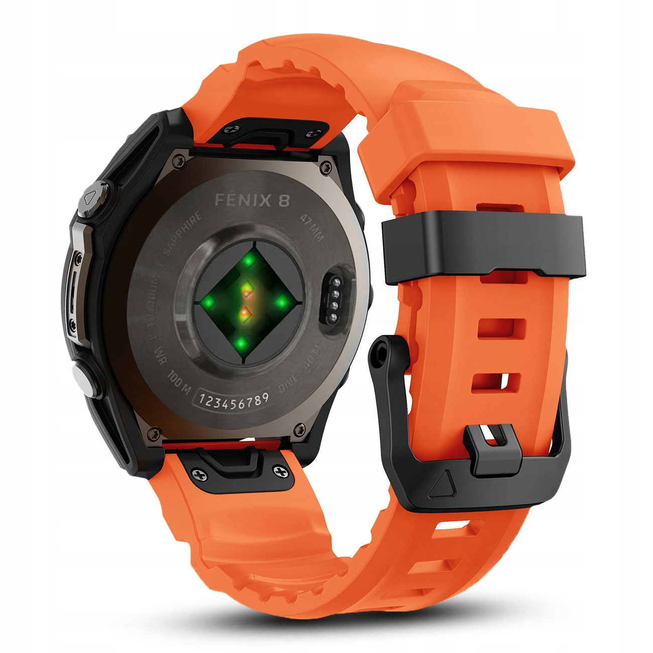 Pomarańczowy smartwatch z czarnym paskiem, widoczny czujnik tętna.