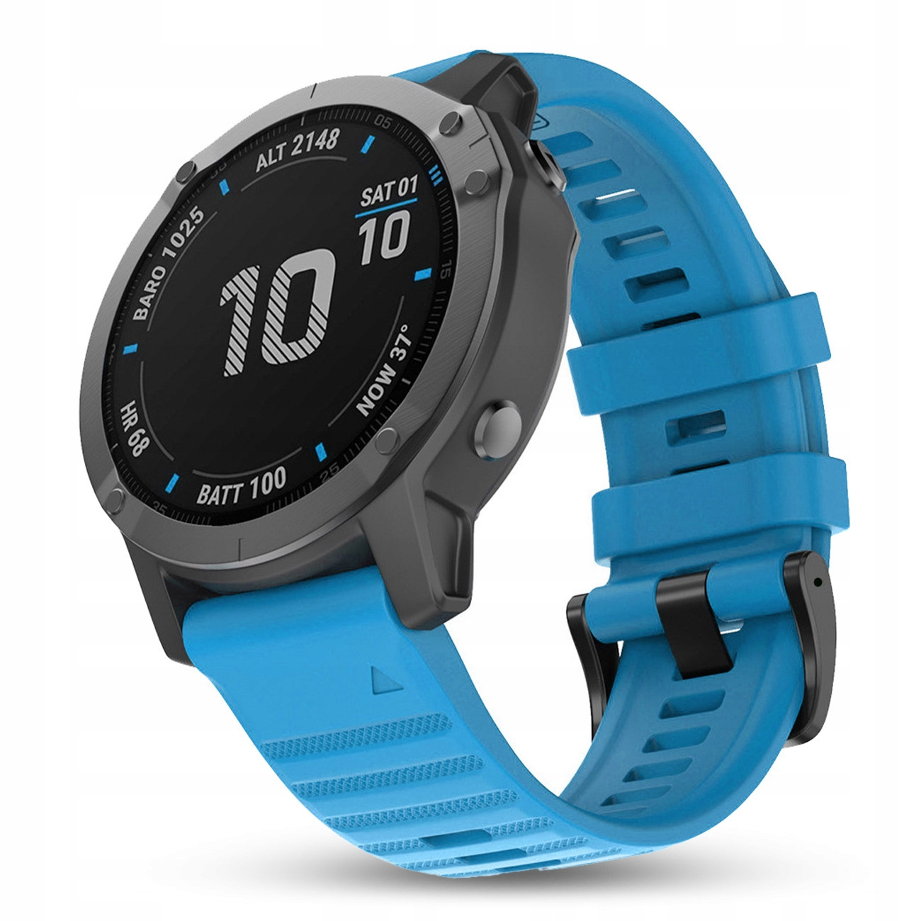 Szary smartwatch z niebieską opaską. Wyświetla czas, datę, wysokość i tętno.