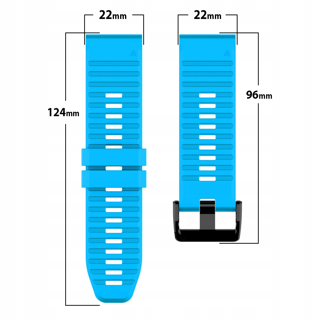 Dwa niebieskie paski do zegarka pokazujące wymiary: długość 124mm i 96mm, szerokość 22mm.