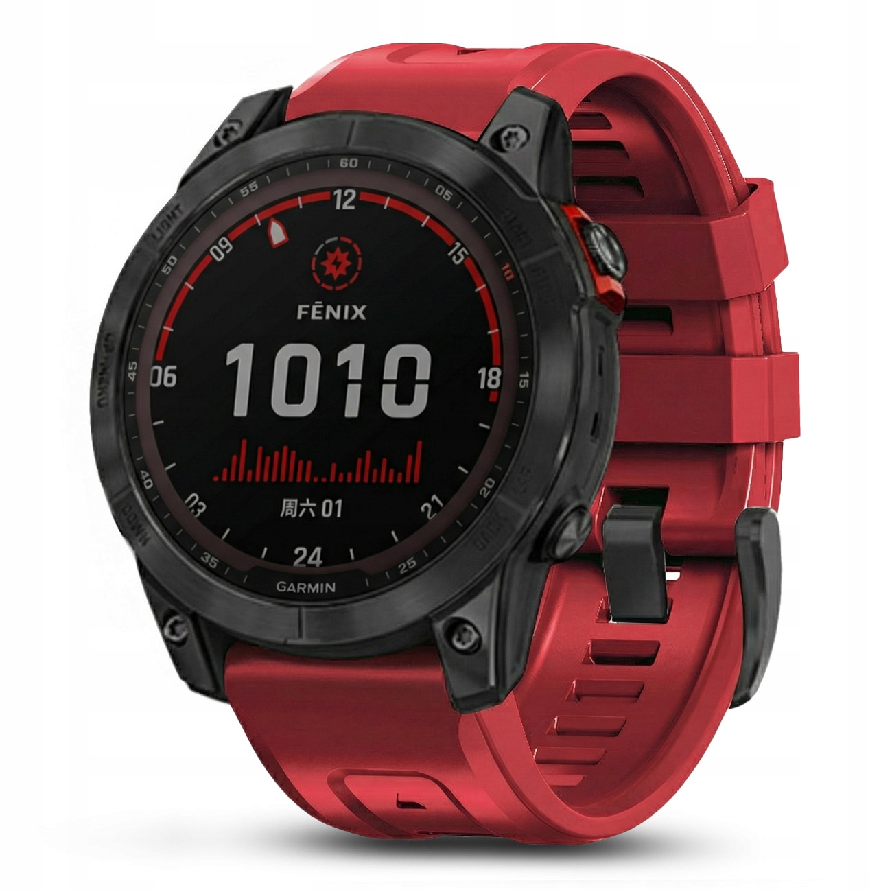 Czerwony smartwatch z czarnym cyfrowym wyświetlaczem i tarczą.