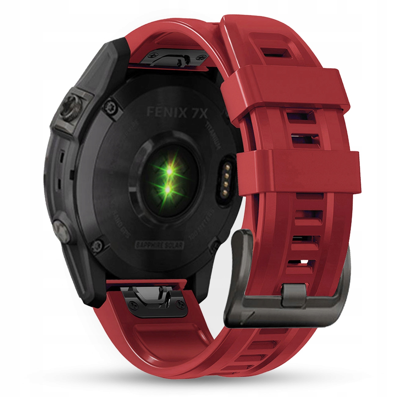 Czerwony smartwatch z monitorem tętna i czarną obudową.