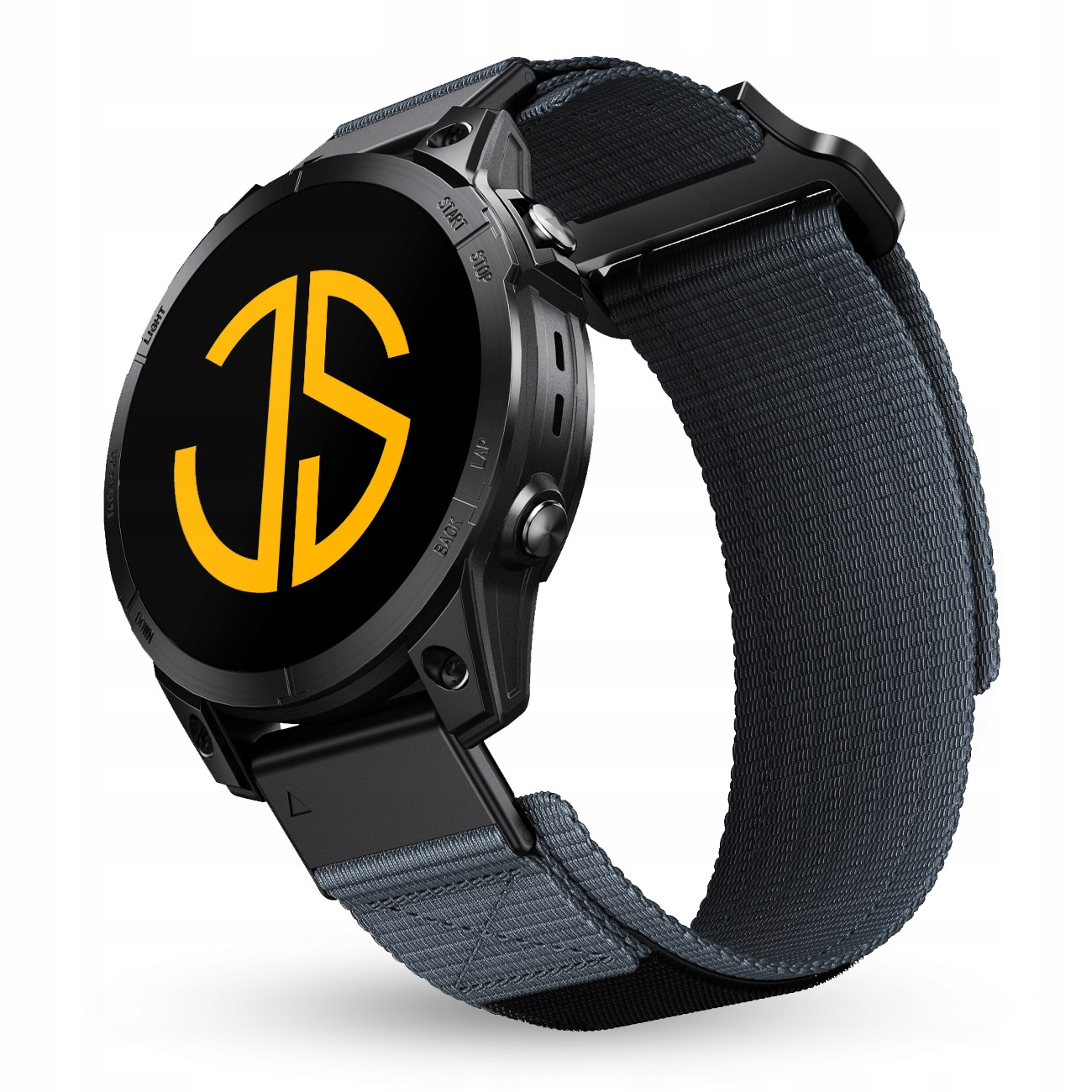Czarny smartwatch z ciemnoszarym paskiem materiałowym i żółtym logo na czarnym ekranie.