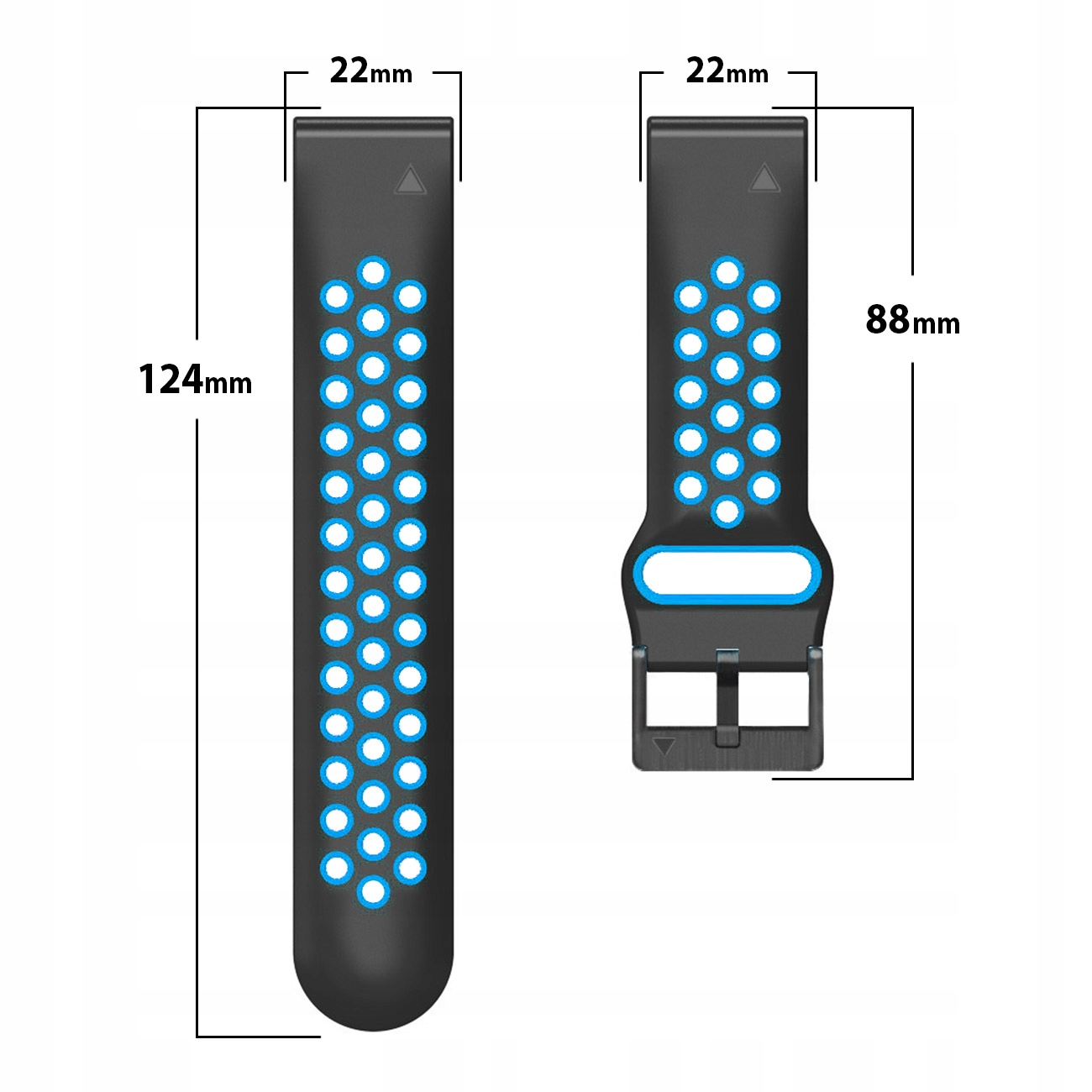 Dwa czarne paski na nadgarstek z otworami z niebieską obwódką są wyświetlane z wymiarami: 22 mm szerokości, 124 mm i 88 mm długości.