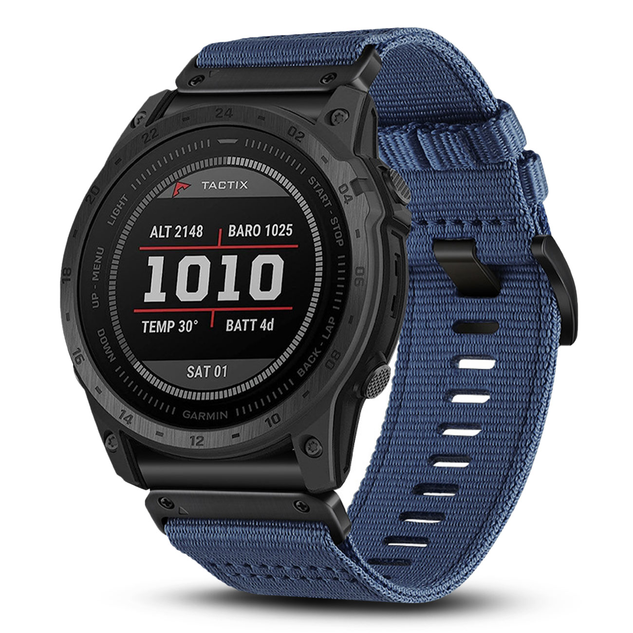 Czarny smartwatch Garmin Tactix z niebieskim paskiem materiałowym pokazuje wysokość, ciśnienie barometryczne, temperaturę i stan baterii.