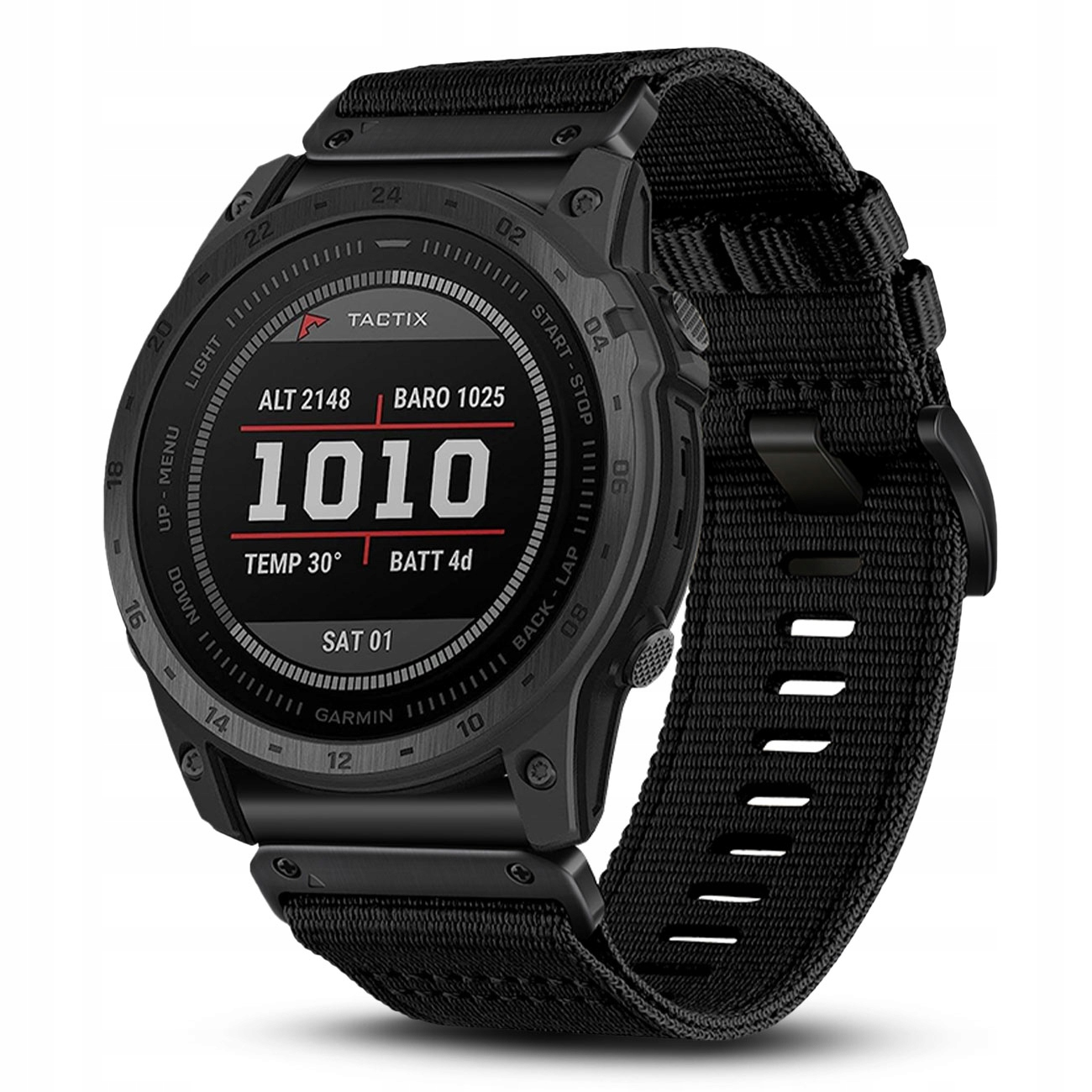 Czarny smartwatch Tactix z czarnym paskiem materiałowym i cyfrowym wyświetlaczem.