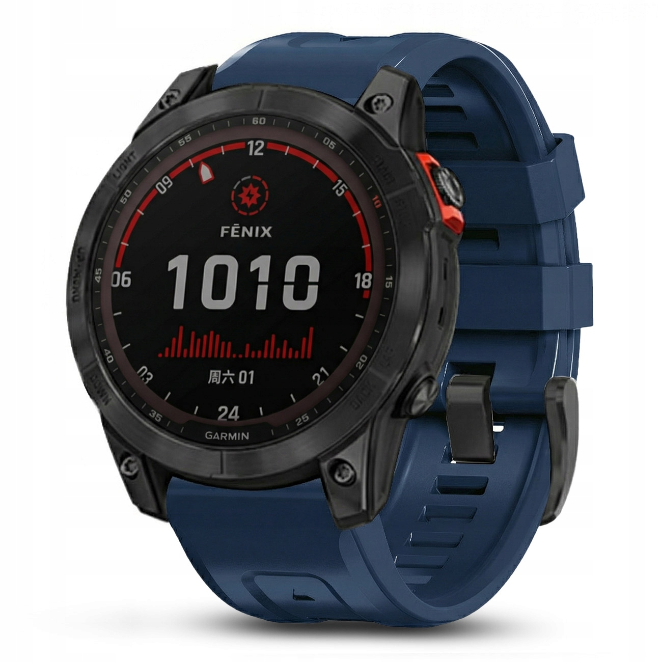Granatowy smartwatch z czarną ramką i czerwonym akcentem na tarczy.