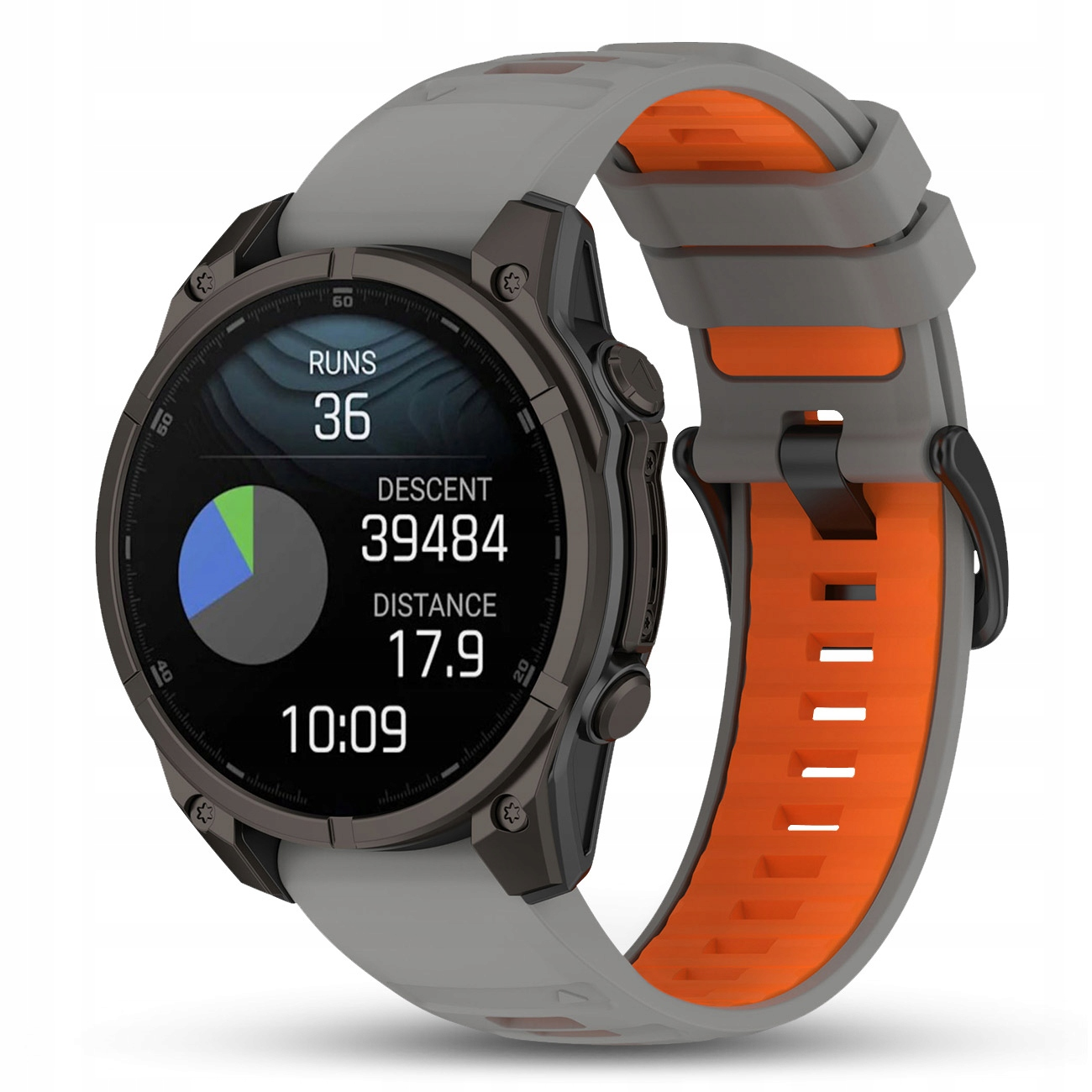 Szaro-pomarańczowy smartwatch wyświetla biegi, zjazd, dystans i czas.