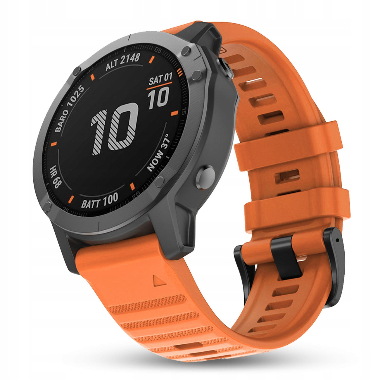 Szary smartwatch z pomarańczowym paskiem, pokazuje 10:10.