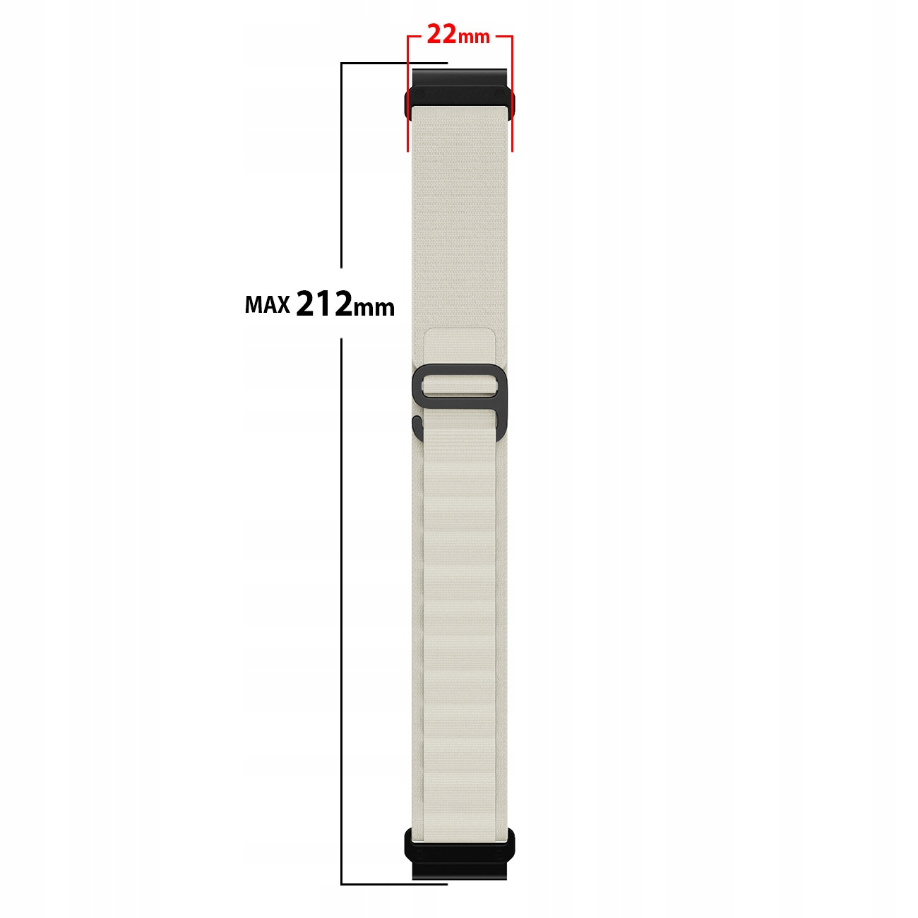 Beżowa opaska materiałowa z czarnymi złączami. Maks. długość 212mm, szerokość 22mm.