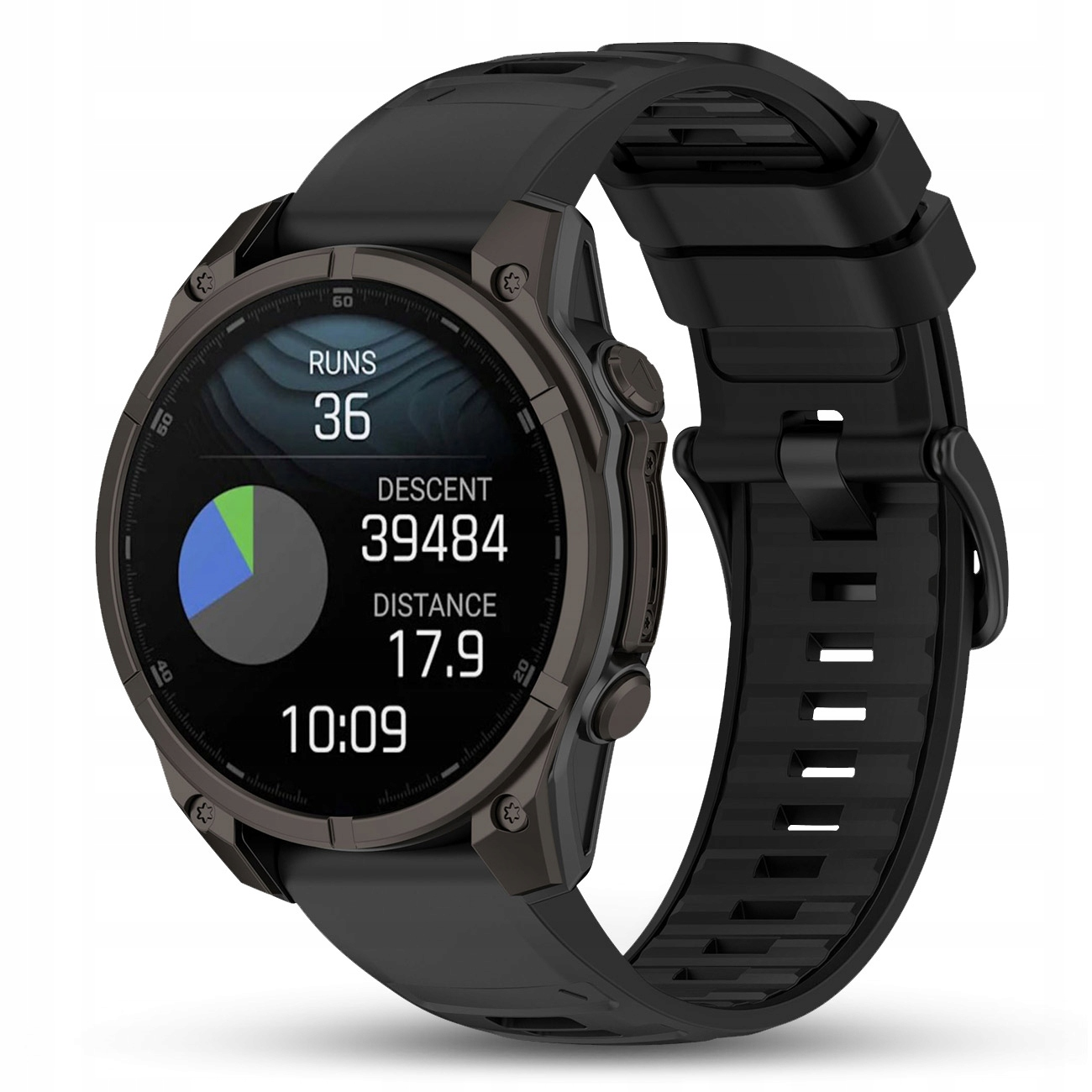 Czarny smartwatch wyświetla dane dotyczące biegów, zjazdu i dystansu na ekranie.
