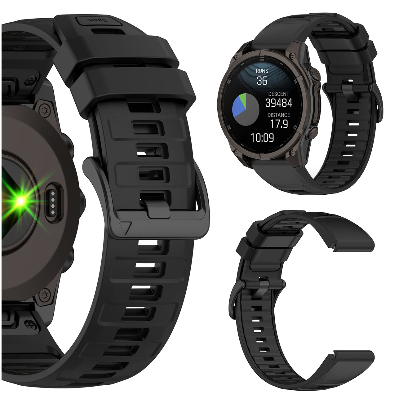 Trzy czarne paski do zegarka i smartwatch na białym tle.