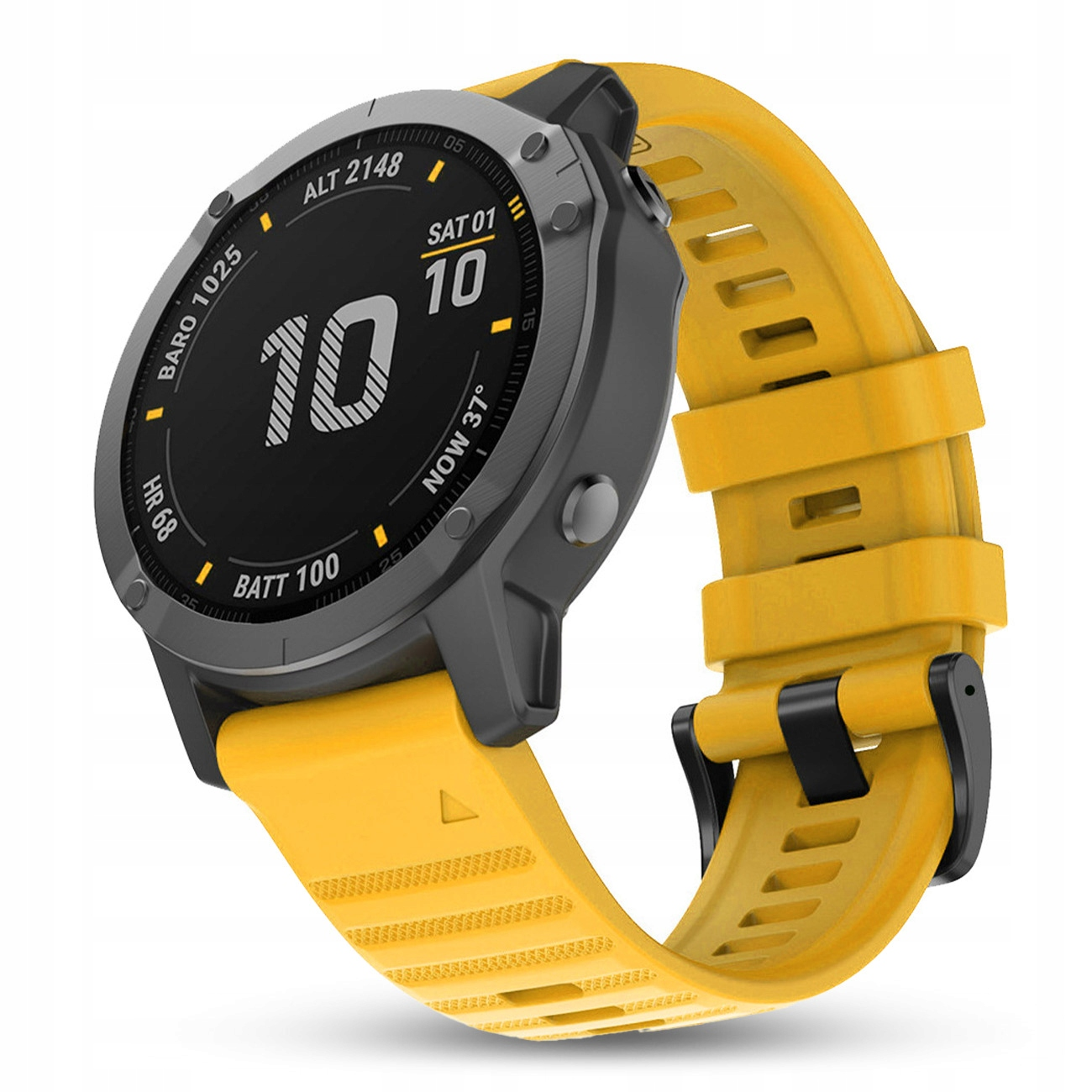 Żółty smartwatch z ciemnoszarym bezelem pokazuje czas, datę, wysokość, tętno i baterię.