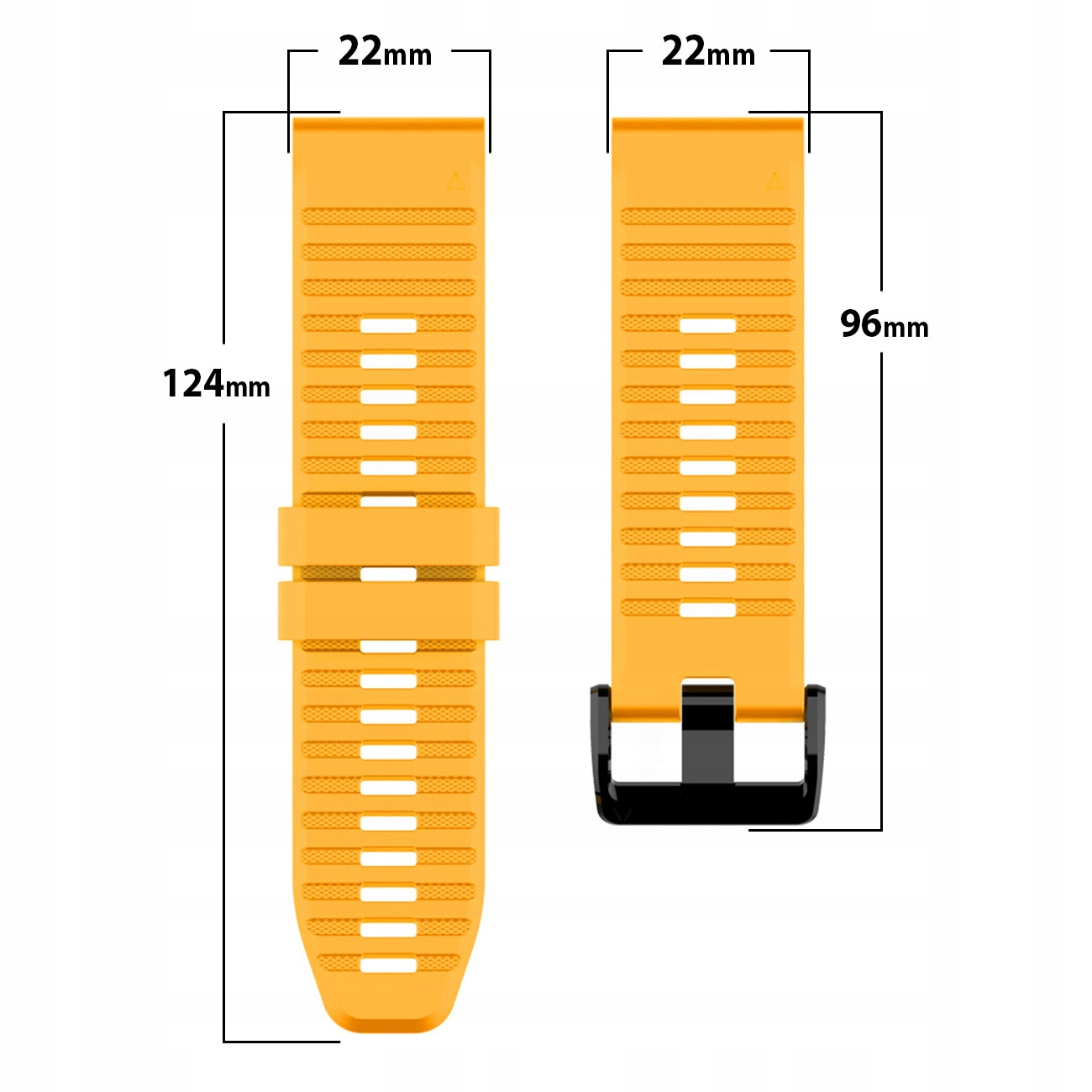 Dwa pomarańczowe paski do zegarka, jeden 124 mm, drugi 96 mm, oba 22 mm szerokie. Teksturowane.