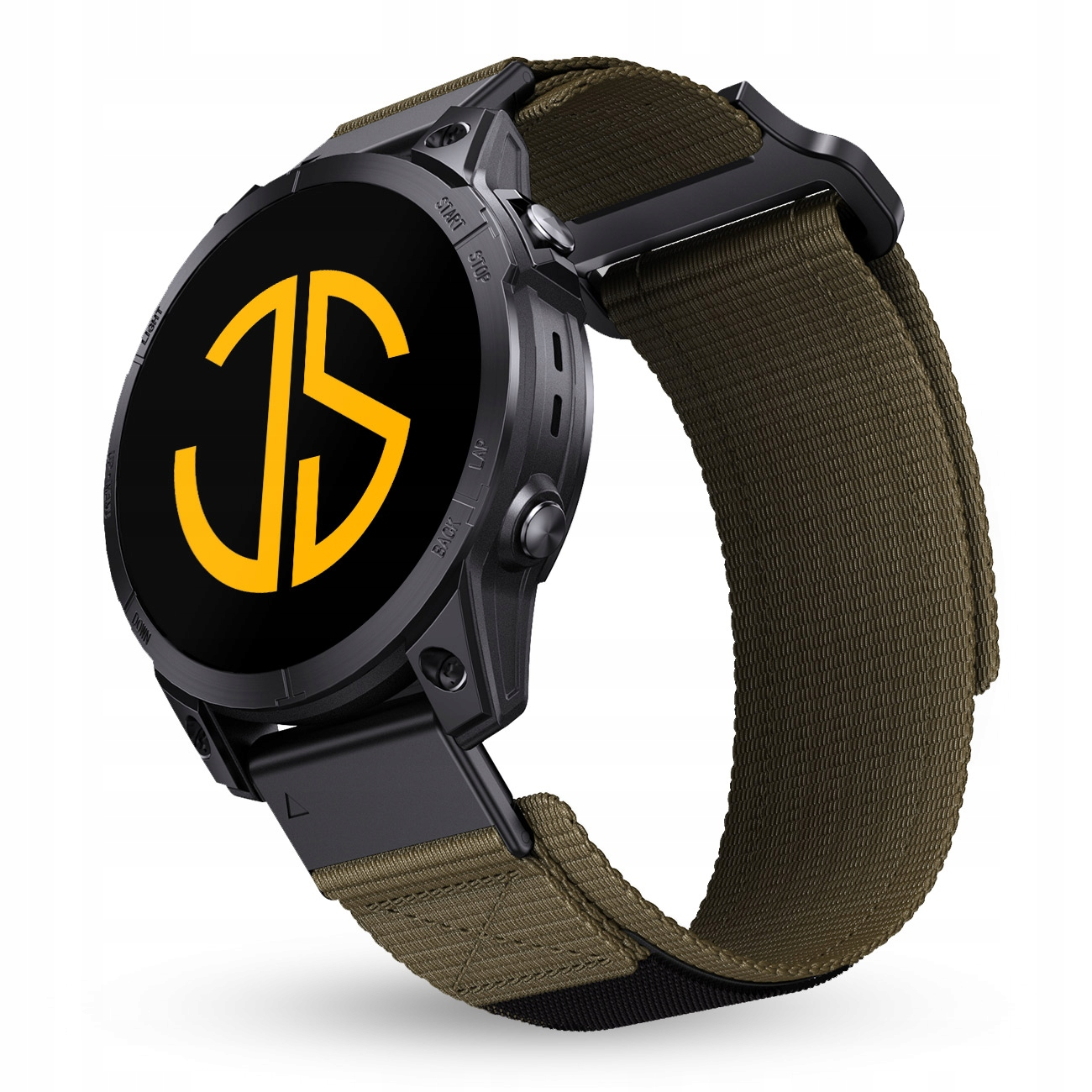 Czarny smartwatch z oliwkowozieloną materiałową bransoletą i żółtym logo na ekranie.