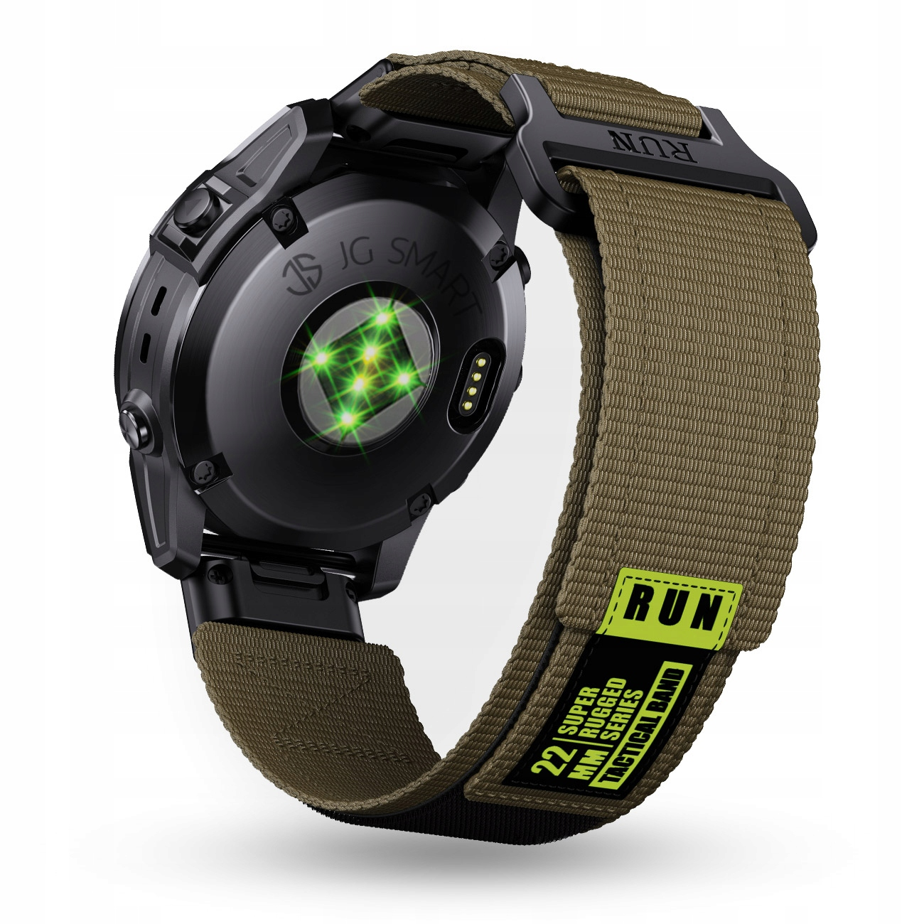 Czarna koperta smartwatch z zielonym czujnikiem tętna i oliwkowozielonym paskiem.